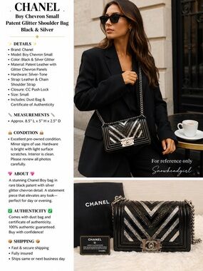 Chanel Boy Chevron Small Patent Glitter Shoulder Bag Black Silver- w/ card